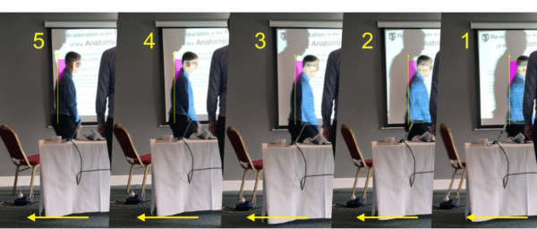 Sequences of images showing balance when walking backward against an obstacle.