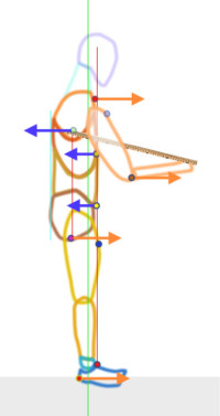Diagram representing the relation of the different movements of the parts in walking backward with two rulers aimed Forward.