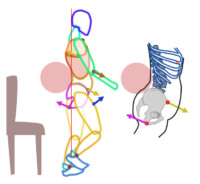 Diagram showing the influence of the movements of the thigh on the geometry between middle and lower torso.